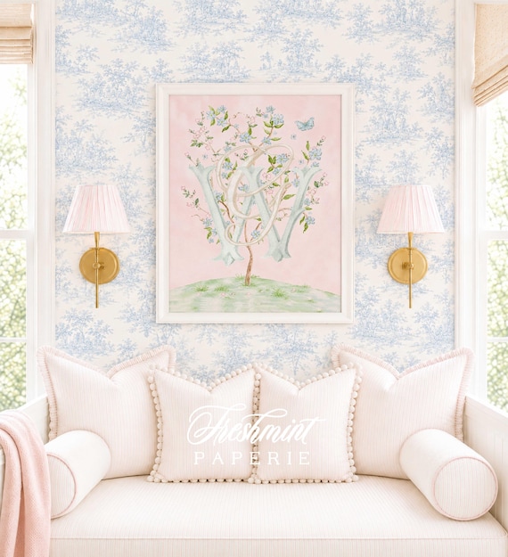 Watercolor Chinoiserie Monogram Nursery Art, Custom Wall Print, Cherry Blossom, Grandmillennial