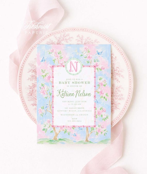 Chinoiserie Invitation, Cherry Blossom, Chinoiserie, Monogram, Grandmillennial, Pink Floral, Heirloom