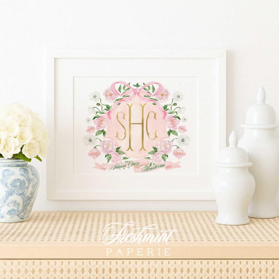 Watercolor monogram Floral nursery Wall Art, Nursery name print, Monogram Nursery, Custom nursery wall art, Whimsical floral nursery art