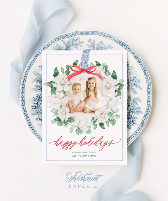 Magnolia Wreath Photo Christmas Cards, Chinoiserie Holiday Cards