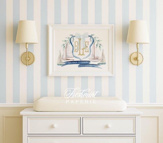 Nautical wall art, Monogram, Nursery name print, Sailboat, Blue Ribbon