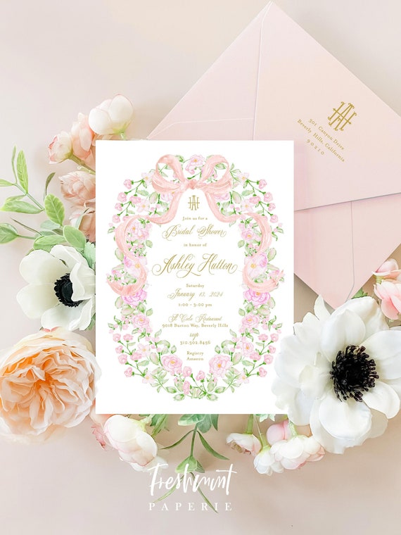 Bridal Shower Invitation, Crest invitation, Brunch Invitation, Watercolor Monogram invitation,  Floral Watercolor Bridal Brunch