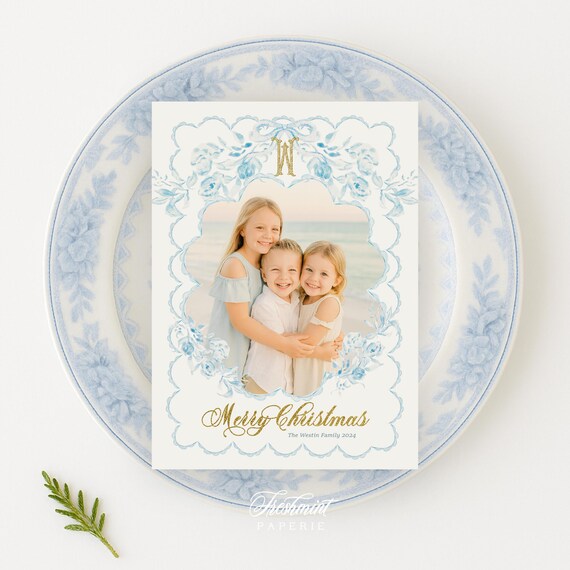 Blue Floral Photo Holiday Cards: Monogram Wreath Design