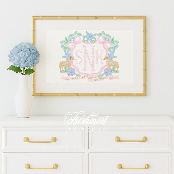 Horse wall art, Nursery Art, Nursery print, Monogram nursery, Nursery wall art, Horse print, Horse crest, Hydrangea wall print, Nursery