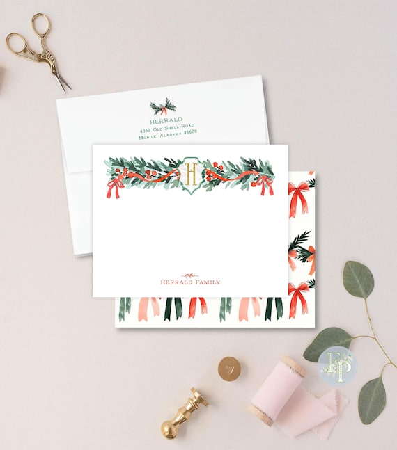 Personalized Stationery, Holiday Note Cards, Plaid Notecards, Ribbon Notecards, Christmas Notecards, Christmas Stationery, Monogram notecard
