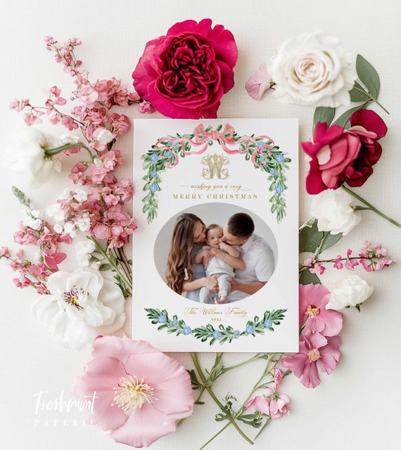 Blue floral Holiday Cards, Christmas card, Chinoiserie Christmas cards, Photo holiday cards, Pretty Holiday Cards, Monogram, Ginger jar