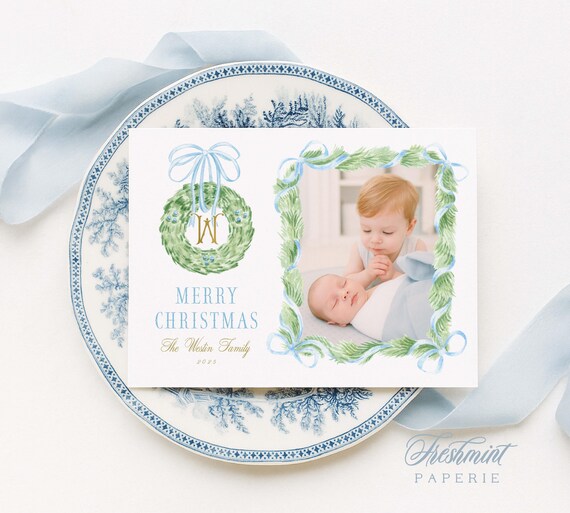 Blue Floral Photo Holiday Cards: Monogram Wreath Design