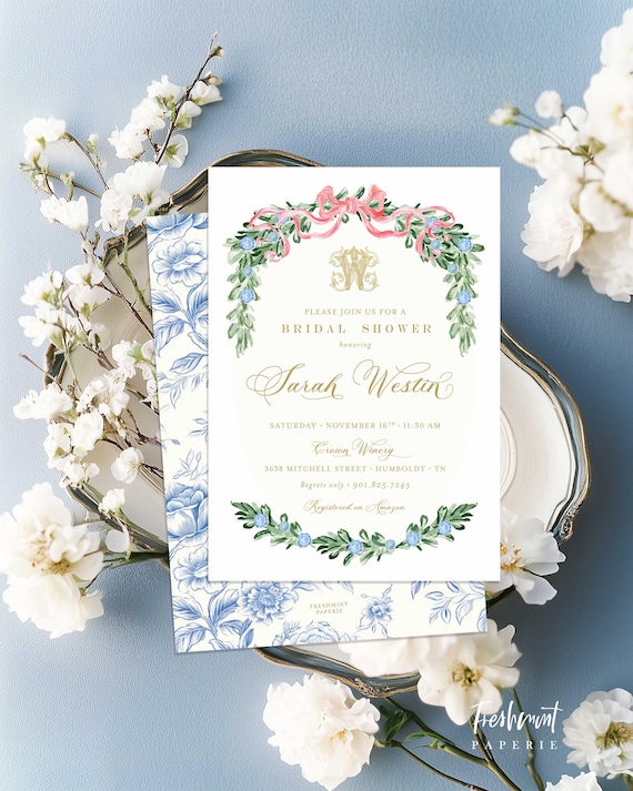 Bridal Shower invitation, Something Blue invitation, Bridal Brunch Invitation, Toile invitation, Bridal Luncheon invitation, Blue Floral