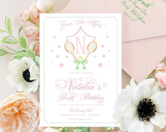 Watercolor Tennis Birthday Invitation, Girls Preppy Gingham