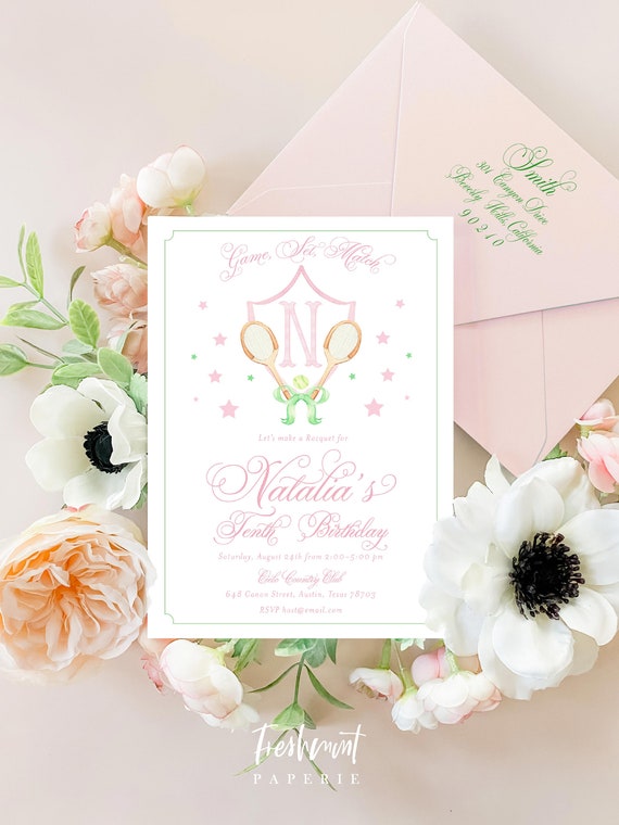 Tennis invitation, Watercolor Tennis, Tennis Birthday Invitation, Girls Tennis Invitations, Preppy Tennis, Preppy Invitation, Gingham