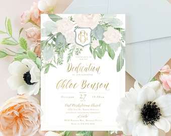 Dedication invitations, baptism, christening, white floral dedication neutral invitation, religious, greenery invitation, digital or printed