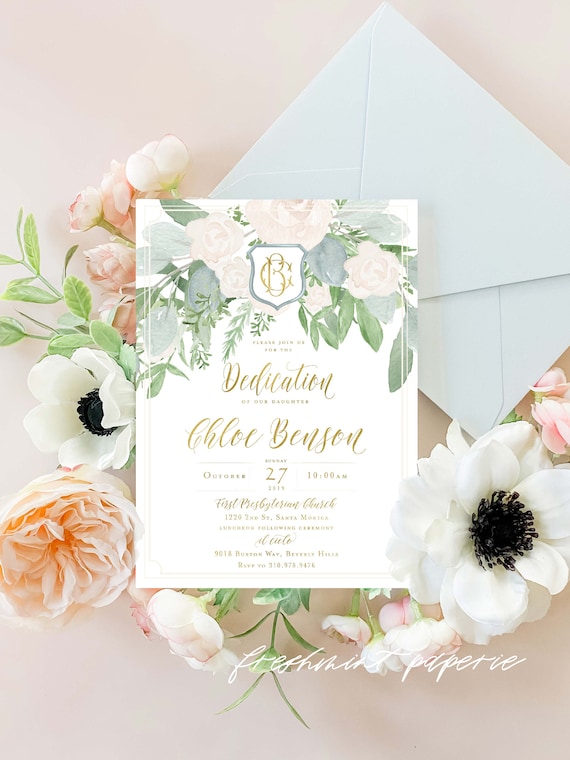 Dedication invitations, baptism, christening, white floral dedication neutral invitation, religious, greenery invitation, digital or printed