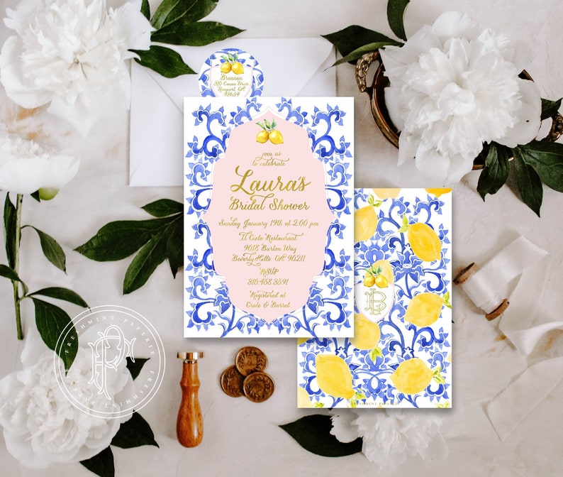 Lemons invitation Lemons invite Bridal Shower invitation freshmint paperie Porcelain lemon invitation Lemon invitation