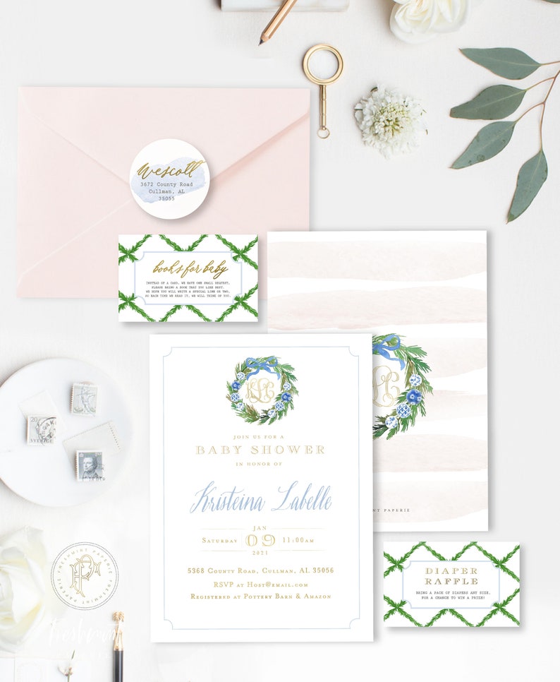 baby shower invitation Monogram Baby Shower Invitation Chinoiserie ornament invitation baby shower invitation