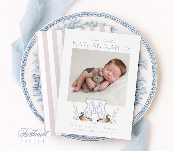 Mallard Duck Watercolor Boy Birth Announcement