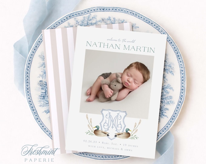 Mallard Duck Watercolor Boy Birth Announcement