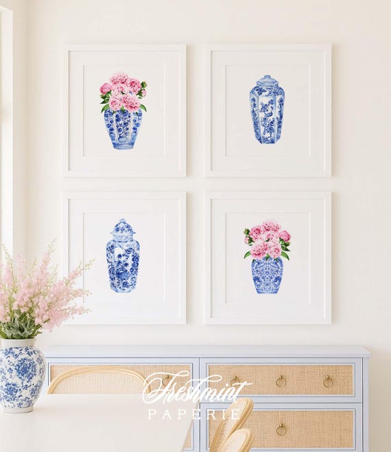 Chinoiserie wall art, Ginger Jar Wall Art, Blue and white Chinoiserie print, Chinoiserie print Wall Art, Peonies in Ginger jar