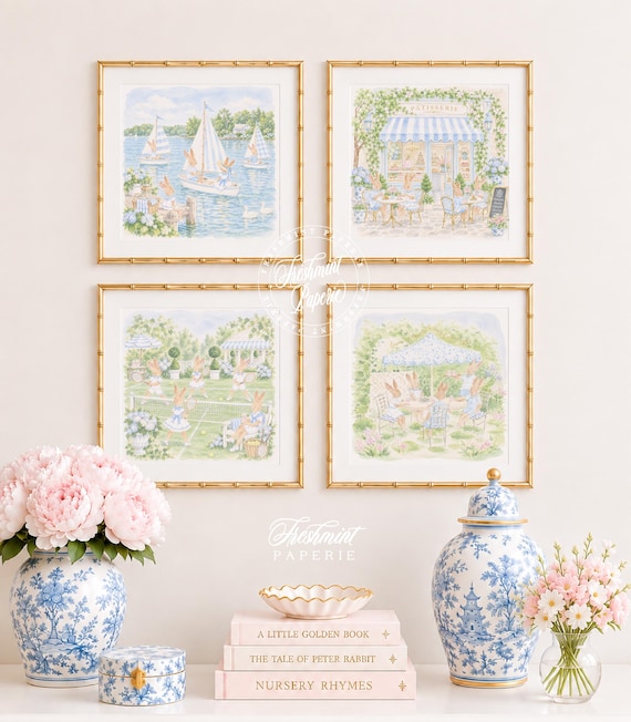 Nursery Wall Art, Bunny Garden Prints, Grandmillennial, Chinoiserie,  Set of 4