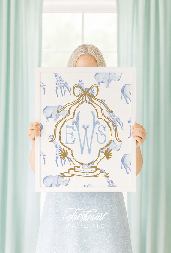 Blue Watercolor Safari Nursery Art, Giraffe Monogram Print