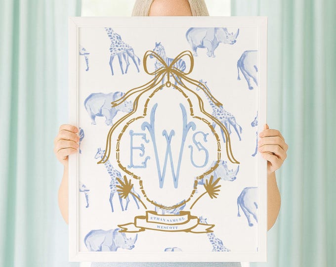 Blue Watercolor Safari Nursery Art, Giraffe Monogram Print