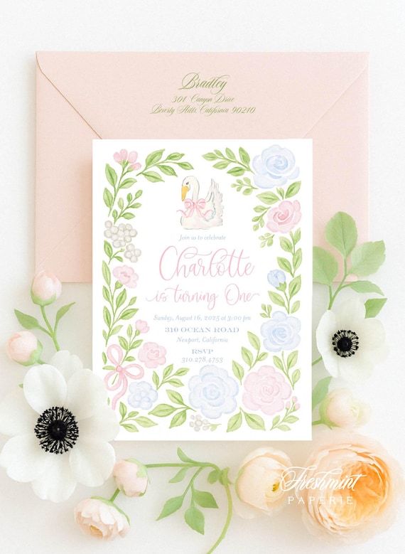 Swan Birthday Invitation, Grandmillennial, Swan Crest Invitation, Swan Birthday Party, Pink Bow, Watercolor Florals, Pink Swan, Crest