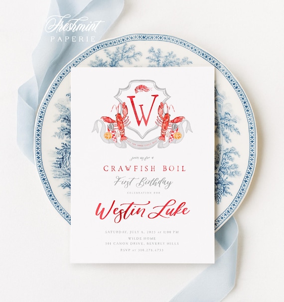 Seafood Boil Invitation, Birthday, Graduation, Summer BBQ, Monogram, Crest, Crawfish, Gingham