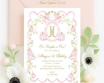 Pink Pumpkin Birthday Invitation: Monogram Crest Invitation