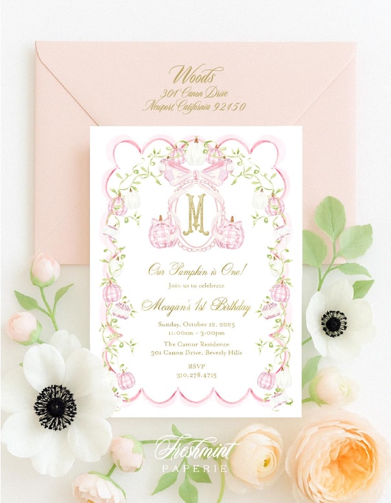 Pumpkin Birthday Invitation, Little Pumpkin Invitation, Pink Pumpkin invitation, Monogram, Our little Pumpkin invitation, Pumpkin Crest