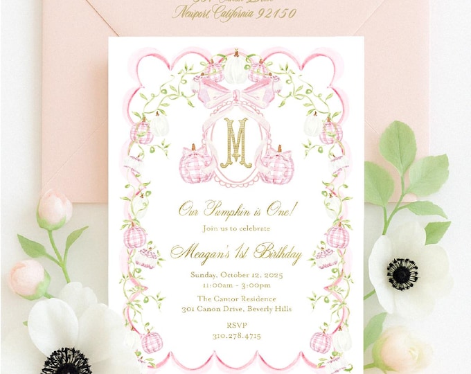 Pink Pumpkin Birthday Invitation: Monogram Crest Invitation