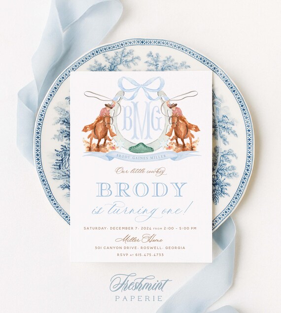 Cowboy Birthday Invitation, Rodeo, Watercolor, Monogram, Horse