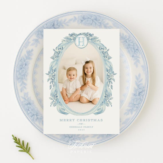 Holiday Photo Cards, Christmas card, Classic Christmas cards, Monogram, Pretty Holiday Cards, Chinoiserie, Blue Watercolor