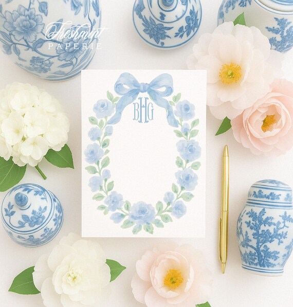 Custom Blue Floral Monogram Notepad - 5x7