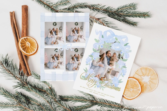 Chinoiserie Photo Christmas Cards, Blue Gingham Holiday Card