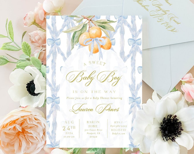 Orange Baby Shower Invitation, Blue Toile, Watercolor Ribbon