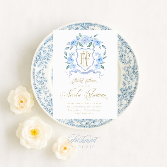 Bridal Shower Invitation, Something Blue invitation, Brunch Invitation, Watercolor Monogram invitation, Bridal Luncheon, Ginger Jar