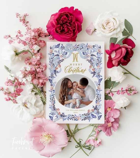 Blue floral Holiday Cards, Christmas card, Photo Christmas cards, Photo holiday cards, Pretty Holiday Cards, Monogram, Wreath