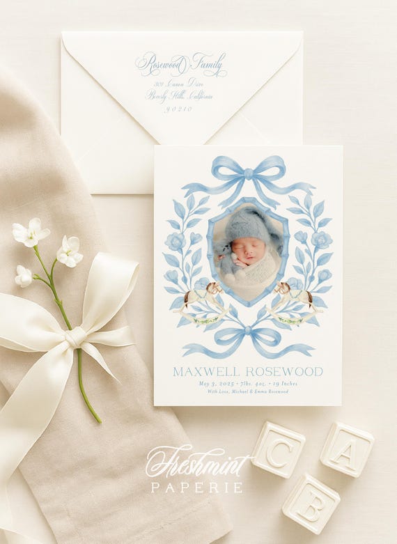 Blue Bamboo Crest Birth Announcement, Baby Boy Birth Announcement, Birth Announcement, Monogram Birth Announcement, Rocking Horse