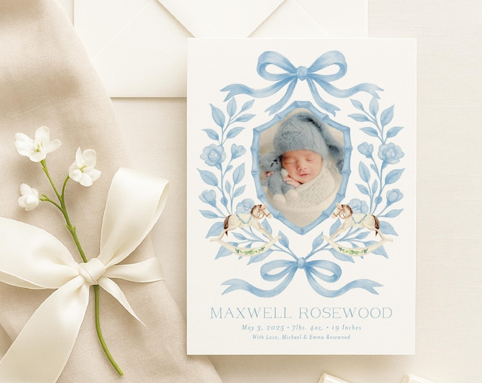 Rocking Horse Crest Baby Boy Birth Announcement