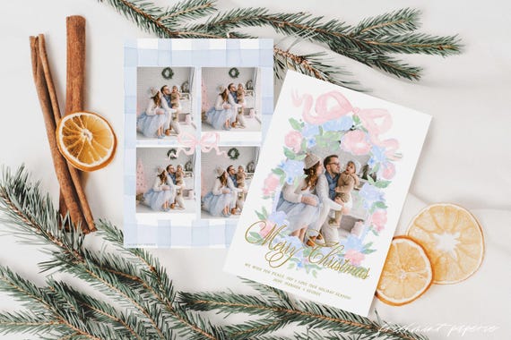 Chinoiserie Photo Christmas Cards, Gingham Holiday Cards
