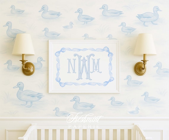 Nursery wall art, Monogram Nursery Wall Art, Nursery name print, Watercolor Blue Nursery Print, Custom nursery wall art, Blue Bow