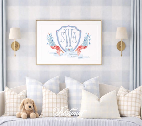 Patriotic Wall Art, Eagle, Monogram Nursery Print, American Flag, Stars & Stripes, Crest