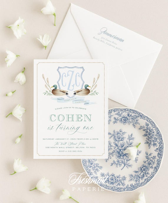 Mallard Duck invitation: Monogram, Crest, Birthday, Duck, Farm, Hunting