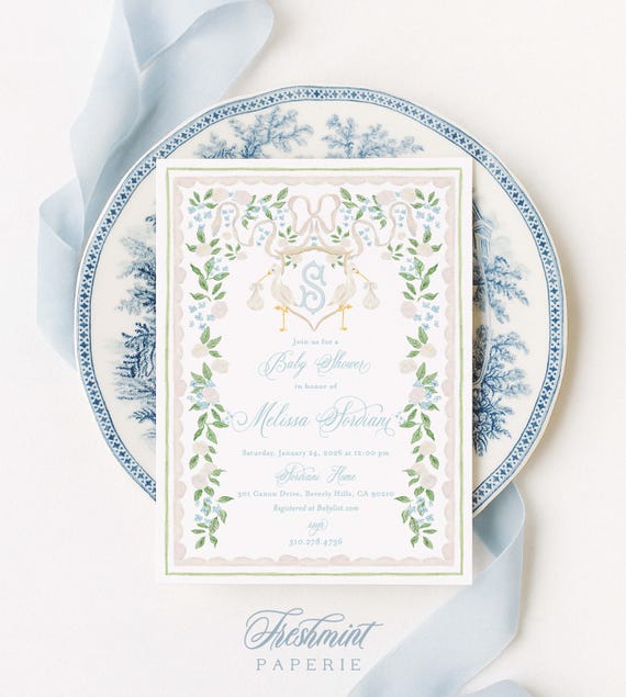 Heirloom Stork Invitation, Watercolor, Baby Shower, Heirloom Rattle, Monogram, Grandmillennial, Blue Floral