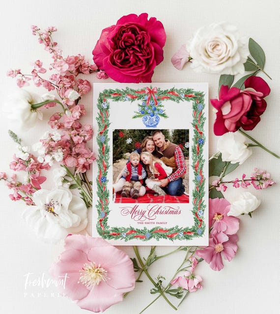Chinoiserie Photo Christmas Card, Red and Blue Wreath