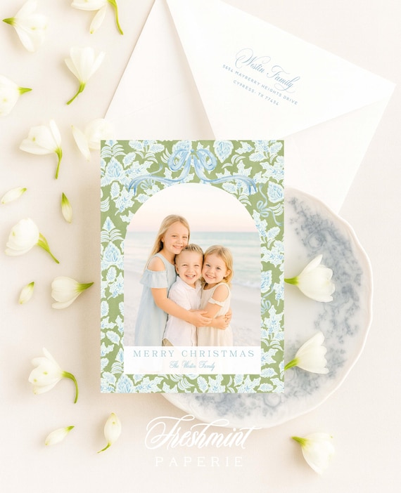 Blue and Green Floral Photo Holiday Cards