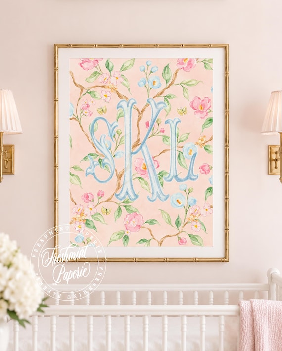 Watercolor Chinoiserie Monogram Nursery Art, Custom Wall Print, Cherry Blossom, Grandmillennial, Peach