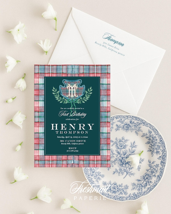 Plaid Monogram Birthday Invitation: Classic Tartan Design