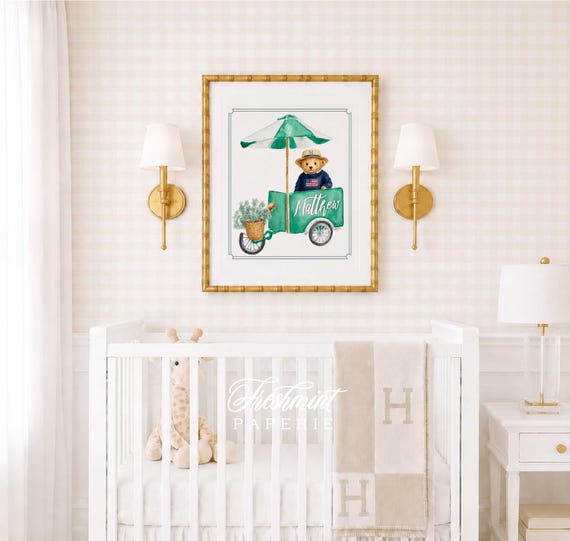 Coffee Cart Nursery Wall Art, Monogram, Bear