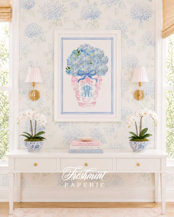 Ginger Jar Wall Print, Monogram, Hydrangeas, Art