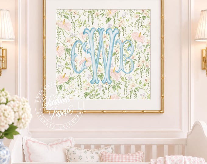 Monogram Wall Art, Hydrangea, Chinoiserie, Floral, Grandmillennial, Watercolor
